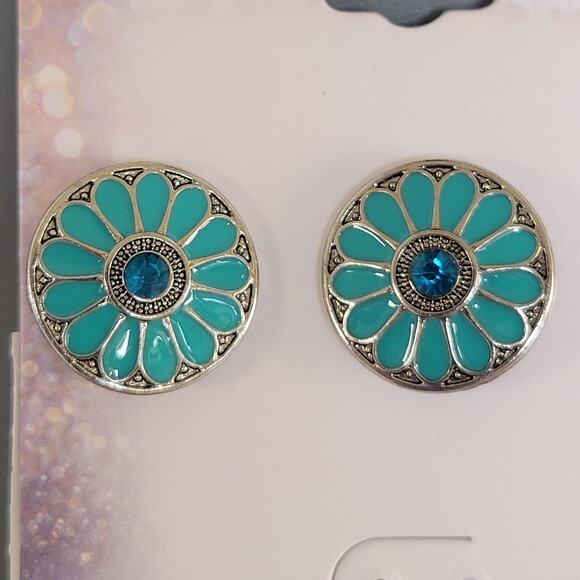 2 Pair Earring Set Teal Blue Flower Stud & Drop Dangle Boho Festival Retro Style - Picture 4 of 9